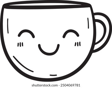 Coffee or tea cup with a smiling face icon, isolated on a white background. Doodle-style, hand-drawn outline, resembling children's artwork. Simple line art of a hot beverage, ideal for coloring. Perf