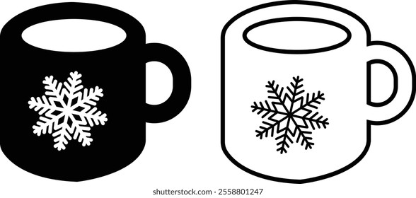 Coffee and tea cup with a snow flake icon set. Cup of hot drink in doodle style. Winter black flat and line vector collection isolated on transparent background. Caffeine sign beverage steam symbol.