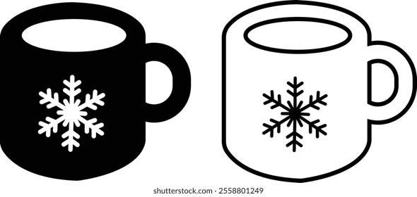 Coffee and tea cup with a snow flake icon set. Cup of hot drink in doodle style. Winter black flat and line vector collection isolated on transparent background. Caffeine sign beverage steam symbol.