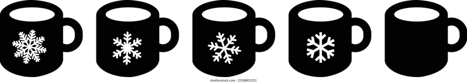 Coffee and tea cup with a snow flake icon set. Cup of hot drink in doodle style. Winter black flat and line vector collection isolated on transparent background. Caffeine sign beverage steam symbol.