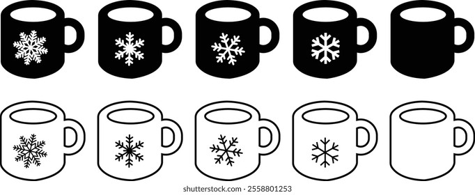 Coffee and tea cup with a snow flake icon set. Cup of hot drink in doodle style. Winter black flat and line vector collection isolated on transparent background. Caffeine sign beverage steam symbol.