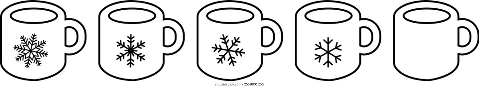 Coffee and tea cup with a snow flake icon set. Cup of hot drink in doodle style. Winter black flat and line vector collection isolated on transparent background. Caffeine sign beverage steam symbol.