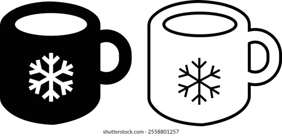 Coffee and tea cup with a snow flake icon set. Cup of hot drink in doodle style. Winter black flat and line vector collection isolated on transparent background. Caffeine sign beverage steam symbol.