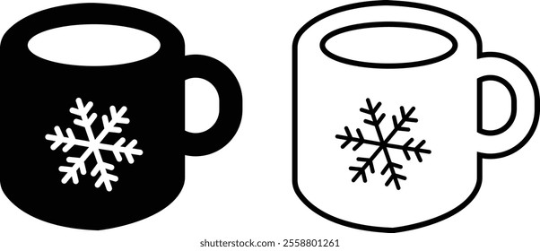 Coffee and tea cup with a snow flake icon set. Cup of hot drink in doodle style. Winter black flat and line vector collection isolated on transparent background. Caffeine sign beverage steam symbol.