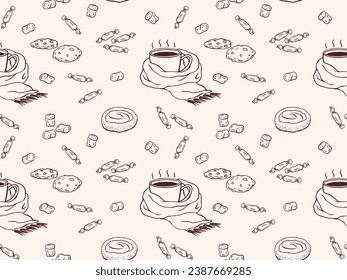 Coffee, tea cup with sweets, cookies seamless pattern. Vector doodle hand drawn illustration in brown color for package, wallpaper, wrapping paper, menu or textile design. Hot drinks