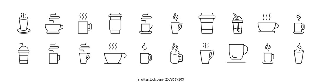 Coffee or Tea Cup Thin Icons Collection. Editable Stroke. Suitable for Web Sites, Books, Cards, Apps 