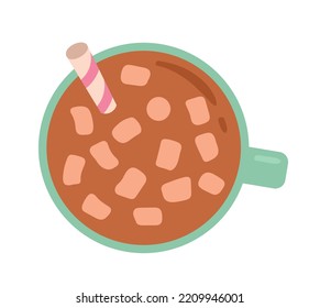 Coffee or tea in cup. Top view of mug with cold drink, straw and pieces of sweets. Dessert and delicacy, gourmet. Cafe or restaurant, advertising poster or banner. Cartoon flat vector illustration