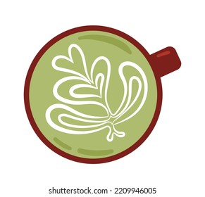 Coffee or tea in cup. Top view of mug with hot drink. Pattern of cream or milk on green background. Cafe or restaurant, unusual drawings on liquid. Beverage and aroma. Cartoon flat vector illustration