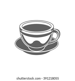 コーヒーまたは茶カップのベクターイラスト 白い背景にコーヒーカップのシルエット ラベル バッジ ロゴデザインのベクター画像オブジェクト コーヒーのロゴ 茶のロゴ コーヒーカップのシルエット レトロなロゴ のベクター画像素材 ロイヤリティフリー