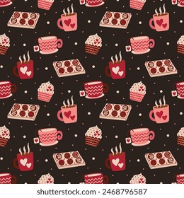 Coffee, Tea, Cupcakes, and Chocolate Truffles on Dark Brown Seamless Pattern Design