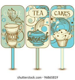 Coffee, tea, cupcakes vector labels