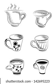 Coffee and tea cups black ink vector illustration