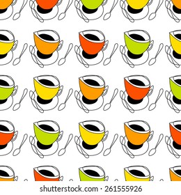 Coffee and tea cups in bright colors with spoons. Vector handdrawn seamless pattern of tea and coffee accessories.