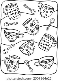 Coffee and Tea Cups Coloring Page for Adults and Kids, Vector Black and White Illustration