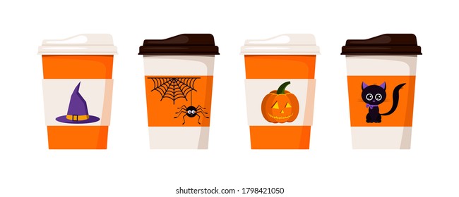 Coffee or tea cups decorated with Halloween characters - pumpkin, spider on web, black cat, witch hat llustration isolated on white background. Vector flat halloween design coffe to go cups set.