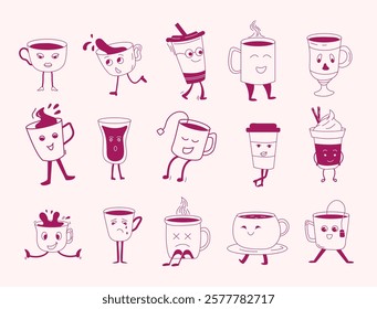 coffee and tea cups depicting various emotions like smiling, laughing, crying, and sadness.