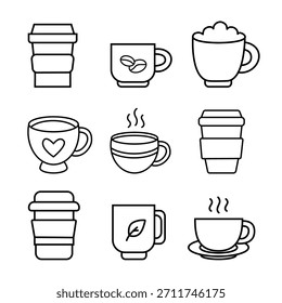 Café e chá xícaras linha arte vetor ícones conjunto coleção