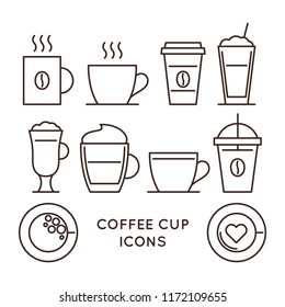 Coffee and tea cups linear icons set. Disposable coffee cup and hot drink mug vector symbols. Coffee shop design elements. Cafe and restaurant corporate identity. Coffee house outline web pictograms.