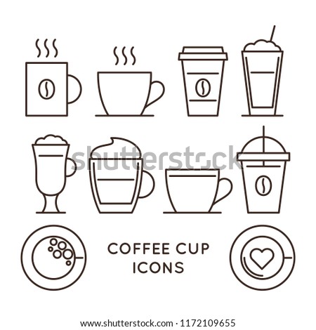 Coffee and tea cups linear icons set. Disposable coffee cup and hot drink mug vector symbols. Coffee shop design elements. Cafe and restaurant corporate identity. Coffee house outline web pictograms.