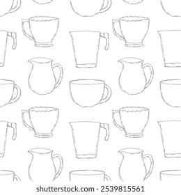 Coffee and tea cups and mug, kitchen supplies. Hand drawn vector doodle black and white Illustration. Monochrome seamless pattern design for menu, textile, decor, web