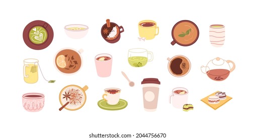 Coffee and tea in cups, mugs, bowls and teapot. Hot healthy drinks and winter warming beverages set. Fresh latte, matcha, cocoa, cappuccino. Flat vector illustration isolated on white background - Shutterstock ID 2044756670