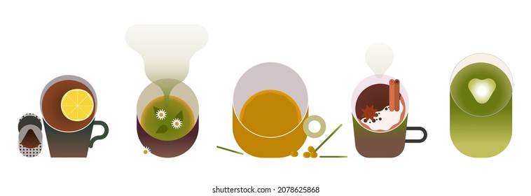 Coffee and tea in cups, mugs, bowls. Hot healthy drinks and winter warming beverages set. Fresh latte, matcha, cocoa, cappuccino. Flat vector illustration isolated on white background