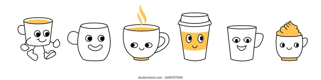 Coffee or tea cups, mugs,  glasses logo, icons set, vector grahic illustration. Funny characters  with faces