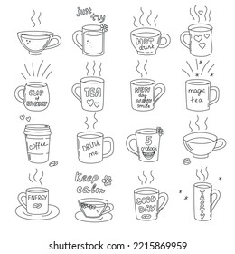 Coffee and tea cups set, traditional beverages. Mugs of invigorating morning hot drinks. Doodle hand-drawn sketch style. Editable stroke. Isolated. Vector illustration.