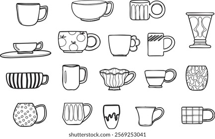 Coffee tea cups set vector pattern black lines