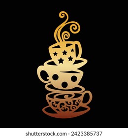 Coffee and tea cups silhouette, wall art decoration, gold icon isolated on black background.
