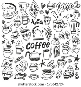 coffee, tea cups and sweets - doodles set