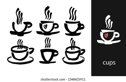 Coffee and tea cups symbols for fast food or restaurant design. Modern brush ink. Isolated on white background. Vector