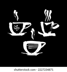 Símbolos de tazas de café y té para comida rápida o diseño de restaurantes. Chalet moderno o pastel. Aislado sobre fondo negro. Establecer. Vector