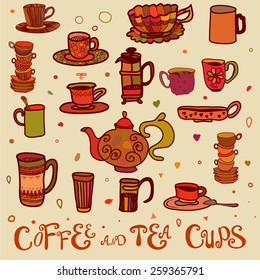 Coffee and tea cups, teapot. Vector handdrawn set of tea and coffee accessories.