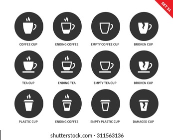 Coffee and tea cups vector icons set. Hot drinking and relax concept. Items for advertising in restaurants and cafes, ending coffee cups, plastic, empty and damaged cups. Isolated on white background