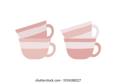 Coffee and tea cups vector illustration. Flat style kitchen dishes. Simple mugs in pastel colors illustration.