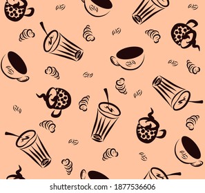 Coffee and tea cups vector seamless pattern brown background