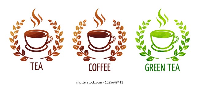 Coffee and tea cups vector symbols. Logo coffee cup with coffee wreath. Logo green tea cup with wreath leaves. Logo black tea cup with wreath leaves. eps 10