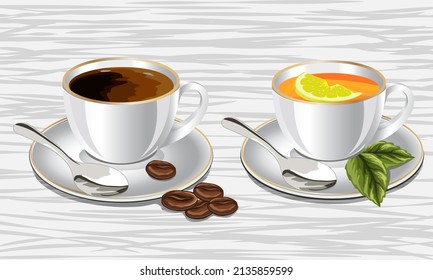 Coffee and tea in cups.Vector illustration with coffee and tea in cups on a colored background.