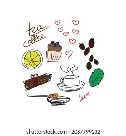 coffee or tea day. Doodle-style elements isolated on a white background. Vector illustration