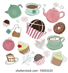 Coffee tea and dessert EPS 8 vector, no open shapes or paths, grouped for easy editing.