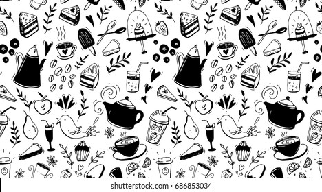 Coffee, tea and desserts seamless pattern. Black and white background with food for cafe design.