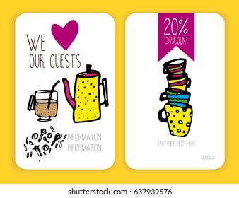 Coffee or tea discount card. Vector template. Hand drawn elements. Cartoon. Simple stylized forms. Voucher