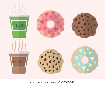 Coffee and tea with donuts and cookies. Flat design dessert and drinks icons.