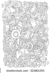 Coffee and tea doodle background in vector with paisley. Ethnic zentangle pattern can be used for menu, wallpaper, pattern fills, coloring books and pages for kids and adults. Black and white.