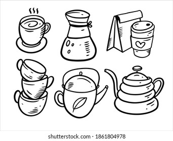 Coffee and tea doodle elements set. Hand drawn black color outline. Vector illustration. Isolated on white background.