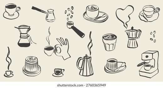 Coffee and tea doodle icons for cafe menu design. Italian breakfast sketch with espresso cup and hot drinks in retro line art style. Chalk vector illustration
