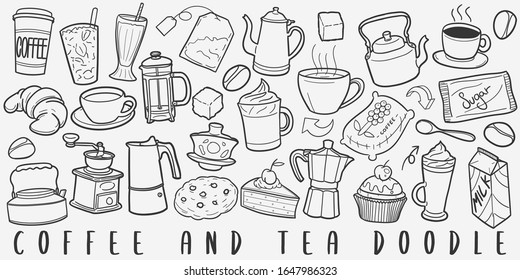 Coffee and Tea Doodle Line Art Illustration. Hand Drawn Vector Clip Art. Banner Set Logos.