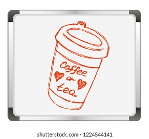 Coffee or tea doodle on flip chart background. Paper Coffee cup. Vector illustration. Hand drawn doodle of disposable paper cup with coffee or tea. Cartoon sketch.