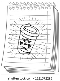 Coffee or tea doodle on notebook background. Paper Coffee cup. Vector illustration. Hand drawn doodle of disposable paper cup with coffee or tea. Cartoon sketch.